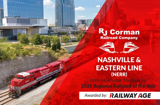 NERR passes a city with the text "R. J. Corman Railroad Company Nashville & Eastern Line (NERR) Wins Honorable Mention for 2026 Regional Railroad of the Year Awarded by: Railway Age