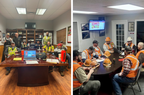 A photo grid shows a group of team members in PPE posing with Snickers bars on the left, and another group in PPE reading articles around a table on the right