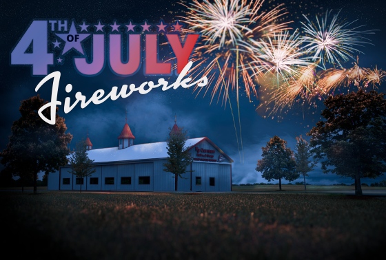 Text reads "4th of July Fireworks" in front of an image of a building with fireworks behind it.