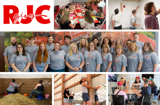 A collage featuring the RJC gives logo, a group picture of the RJC gives volunteers, and various photos of employees volunteering.