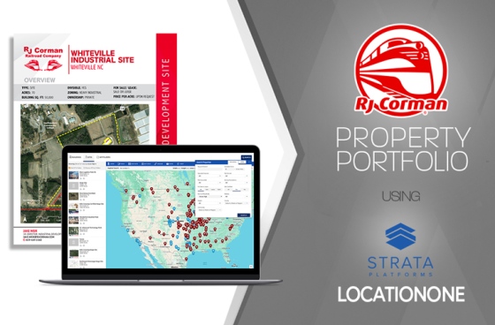 A site flyer and R. J. Corman's website shown beside the text "R. J. Corman Property Portfolio Using Strata Platforms LocationOne" with both company's logos.