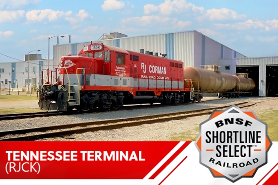 An R. J. Corman locomotive is displayed on the Tennessee Terminal with the BNSF Shortline Select logo.