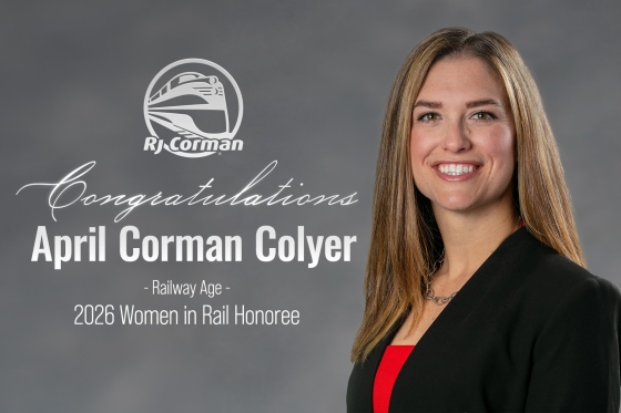 Text reads Congratulations April Corman Colyer Railway Age 2026 Women in Rail Honoree next to April's headshot