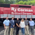 From left, William Hughes, Mayor of Pax, WV; William Downey Director - Government Affairs, R. J. Corman Railroad Group; Jimmy Wood, Vice-President, Mid-WV Mining Region - Alpha Metallurgical Resources; Carol Miller, Congresswoman WV-3; Jimmy Crist, General Manager, Mid-WV Mining Region - Alpha Metallurgical Resources; Adam Boyles Director - Commercial Development, R. J. Corman Railroad Company. 