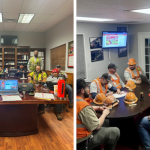 A photo grid shows a group of team members in PPE posing with Snickers bars on the left, and another group in PPE reading articles around a table on the right