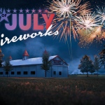 Text reads "4th of July Fireworks" in front of an image of a building with fireworks behind it.