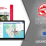 A site flyer and R. J. Corman's website shown beside the text "R. J. Corman Property Portfolio Using Strata Platforms LocationOne" with both company's logos.