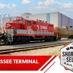 An R. J. Corman locomotive is displayed on the Tennessee Terminal with the BNSF Shortline Select logo.