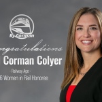 Text reads Congratulations April Corman Colyer Railway Age 2026 Women in Rail Honoree next to April's headshot